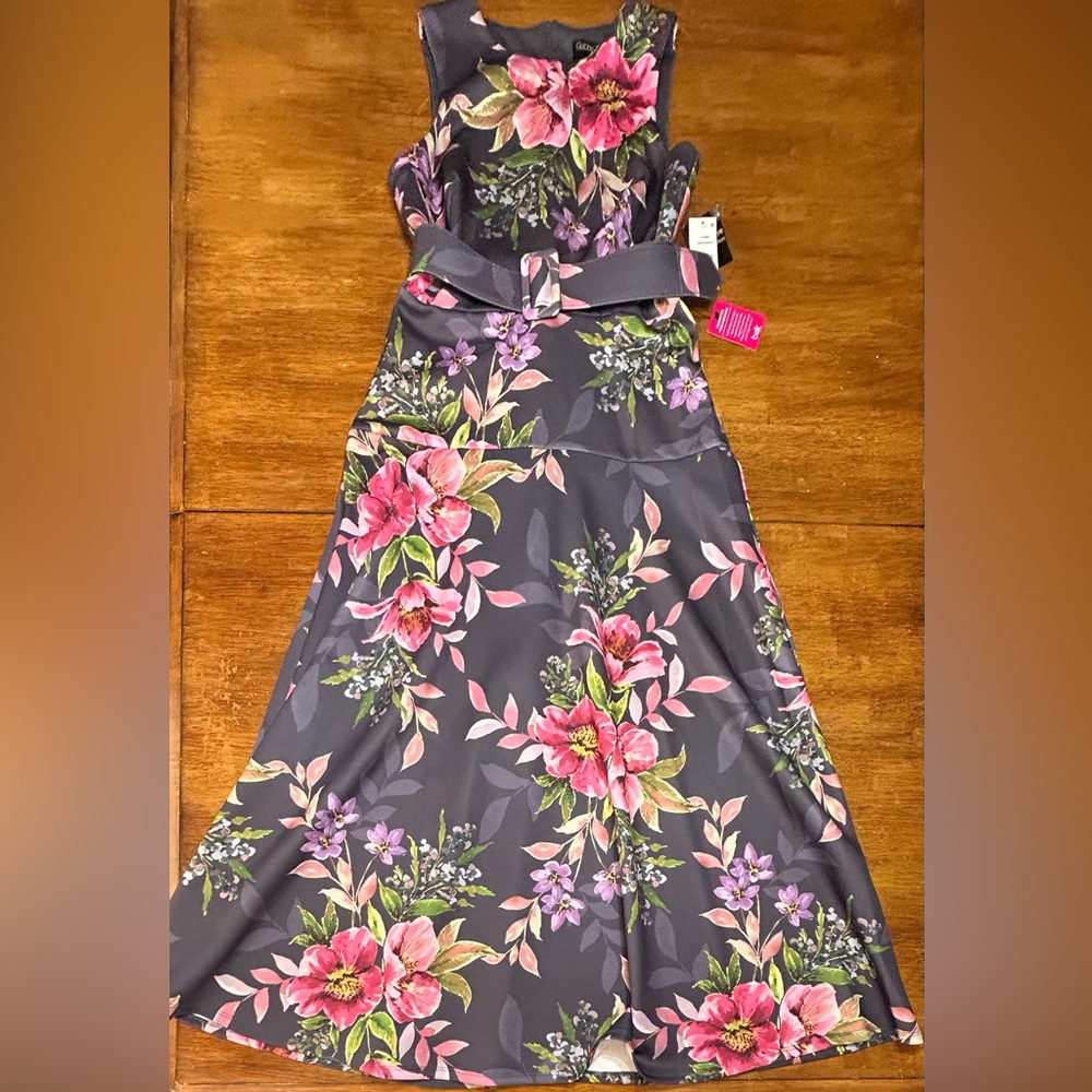 Gabby Skye Floral A-Line Midi Skirt with Belt - Pink & Navy